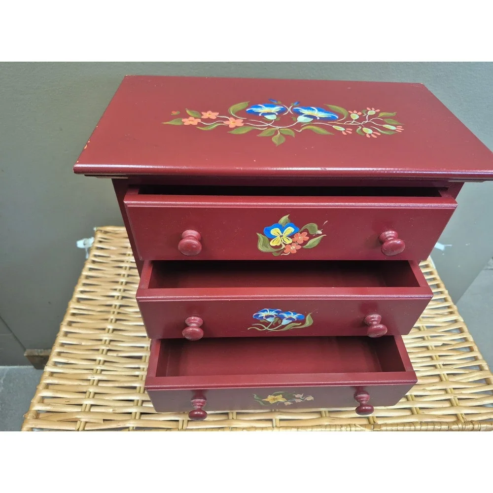 Rosemaling Style Hand Painted Floral 3 Drawer Wood Chest Folk Art Nordic Decor